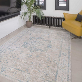 Blue Grey Floral Traditional Medallion Distressed Living Area Rug 60x110cm