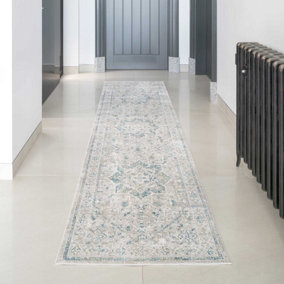 Blue Grey Floral Traditional Medallion Distressed Living Area Rug 70x240cm