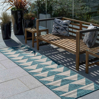 Blue Grey Geometric Flatweave Indoor Outdoor Runner Rug 60x240cm