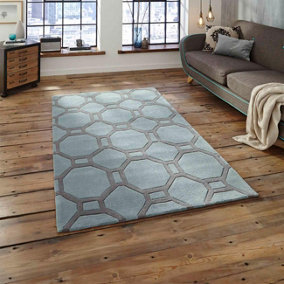 Blue/Grey Geometric Handmade Easy To Clean Rug For Living Room Bedroom & Dining Room-120cm X 170cm