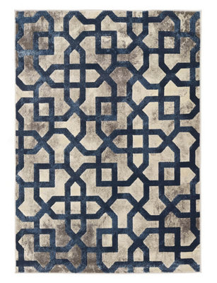 Blue Grey Geometric Rug, Easy to Clean Rug, Stain-Resistant Rug for Bedroom, Living Room, & Dining Room-120cm X 170cm