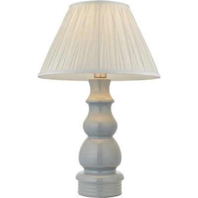 Blue Grey Glaze & Satin Nickel Plate Table Lamp - Ivory Silk Fabric - 660mm Tall Light