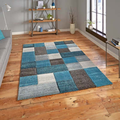 Blue/Grey Handmade Modern Easy to Clean Geometric Rug For Dining Room -120cm X 170cm