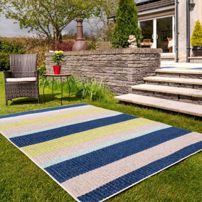 Blue Grey Multicolour Striped Weather-Resistant Outdoor Patio Area Rug 120x170cm
