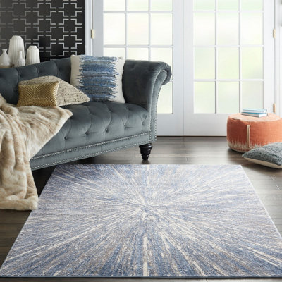 Blue Grey Silky Textures Abstract Optical/ (3D) Modern Rug For Bedroom ...