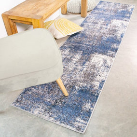 Blue Grey Super Soft Distressed Abstract Runner Rug 60x240cm