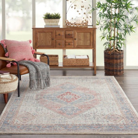 Blue Grey Traditional Bordered Geometric Easy to clean Rug for Bedroom & Living Room-79 X 305cm (Runner)