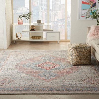 Blue Grey Traditional Bordered Geometric Easy to clean Rug for Bedroom & Living Room-79 X 305cm (Runner)