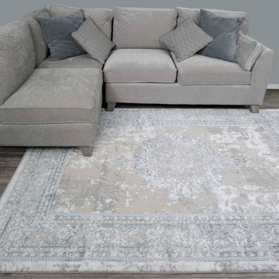 Blue Grey Traditional Medallion Bordered Living Area Rug 120x170cm