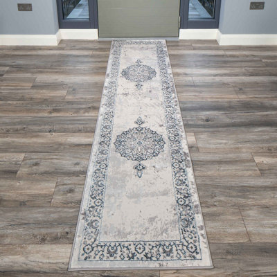 Blue Grey Traditional Medallion Bordered Living Runner Rug 70x240cm