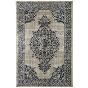 Blue Grey Traditional Rug, 4mm Thickness Floral Outdoor Rug, Traditional Rug for LivingRoom & DiningRoom-120cm X 170cm