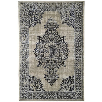 Blue Grey Traditional Rug, 4mm Thickness Floral Outdoor Rug, Traditional Rug for LivingRoom & DiningRoom-67 X 200cm (Runner)