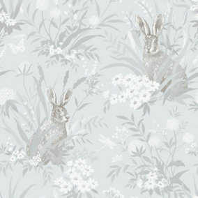 Blue Grey White Floral Wallpaper Holden Countryside Hares Nature Foliage Feature