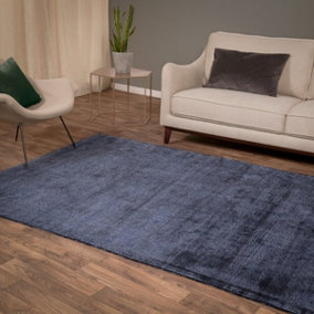 Blue Handmade Luxurious Modern Plain Sparkle Rug For Bedroom & Living Room-160cm X 230cm