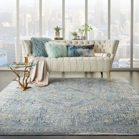 Blue Ivory Bordered Floral Luxurious Modern Rug for Bedroom & Living Room-117cm X 178cm