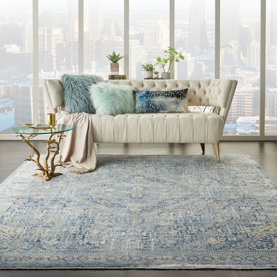 Blue Ivory Bordered Floral Luxurious Modern Rug for Bedroom & Living ...
