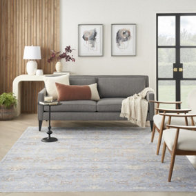 Blue Ivory Floral Kilim Bordered Traditional Rug For Dining Room Bedroom & Living Room-160cm X 229cm
