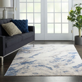 Blue Ivory Grey,Silky Textures Modern Rug For Bedroom & Living Room-160cm X 221cm