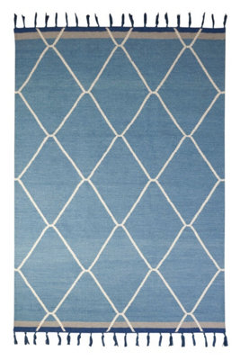 Blue Kilim Handmade Modern Chequered Geometric Wool Dining Room Bedroom ...
