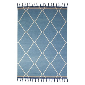 Blue Kilim Handmade Modern Chequered Geometric Wool Dining Room Bedroom & Living Room Rug-160cm X 210cm