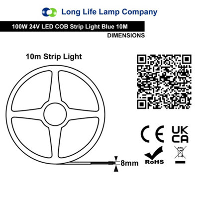BLUE LED Tape Strip Light 10 Metres 24V Continuous COB Illumination IP20 with Driver
