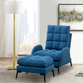 Blue Leisure Recliner Armchair and Ottoman Set with Footstool Metal Legs