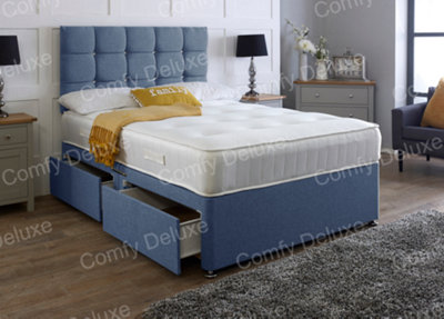 Blue Linen 6FT Superking Divan Bed Set Headboard With Mattress - 4 Drawers