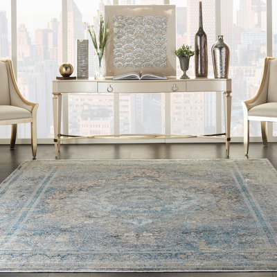 Blue Luxcelle , Acrylic Easy to clean Bordered , Floral Luxurious , Traditional Rug for Living room, Bedroom - 259cm X 351cm