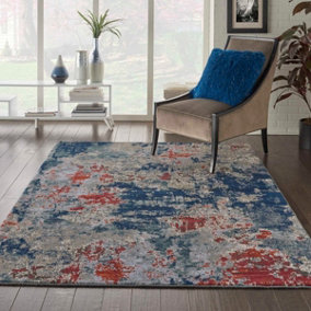 Blue Luxurious Modern Abstract Easy to Clean Luxcelle Wool Rug for Living Room, Bedroom - 168cm X 244cm
