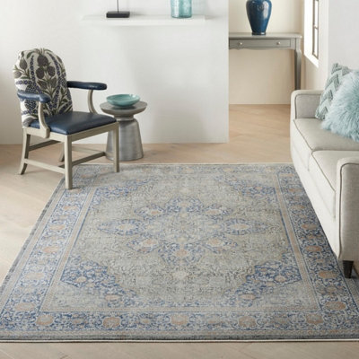 Blue Luxurious Traditional Easy to Clean Bordered Floral Dining Room Bedroom and Living Room Rug -300cm X 381cm