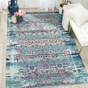 Blue Luxurious Traditional Floral Easy to Clean Rug for Living Room Bedroom and Dining Room-115cm (Circle)