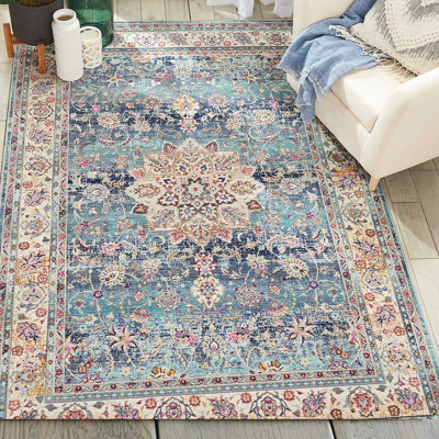 Blue Luxurious Traditional Persian Easy to Clean Floral Rug For Dining Room-115cm X 115cm