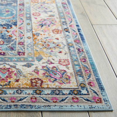 Blue Luxurious Traditional Persian Easy to Clean Floral Rug For Dining Room-115cm X 115cm