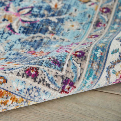 Blue Luxurious Traditional Persian Easy to Clean Floral Rug For Dining ...