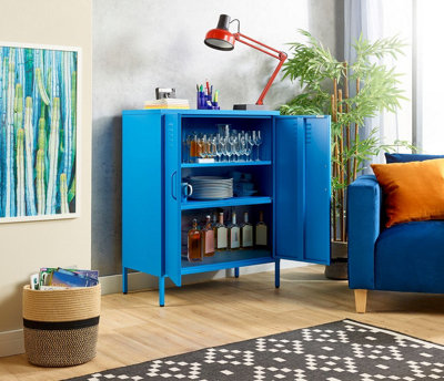 Blue Metal 2 Door Sideboard Drink Cabinets Industrial Storage