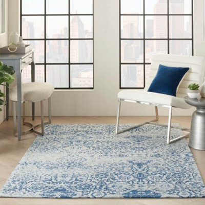 Blue Modern Easy to Clean Floral Dining Room Bedroom And Living Room Rug-152cm X 213cm