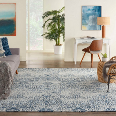 Blue Modern Easy to Clean Floral Dining Room Bedroom And Living Room Rug-152cm X 213cm
