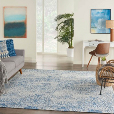 Blue Modern Easy to Clean Floral Dining Room Bedroom And Living Room Rug-152cm X 213cm