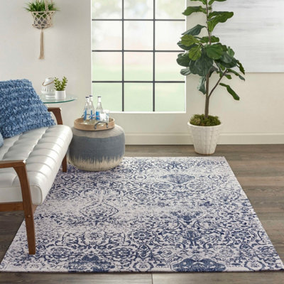 Blue Modern Floral Cotton Easy to Clean Polyester Rug for Living Room ...
