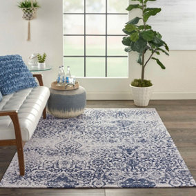 Blue Modern Floral Cotton Easy to Clean Polyester Rug for Living Room, Bedroom - 152cm X 213cm