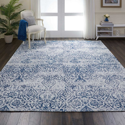 Blue Modern Floral Cotton Easy to Clean Polyester Rug for Living Room, Bedroom - 152cm X 213cm