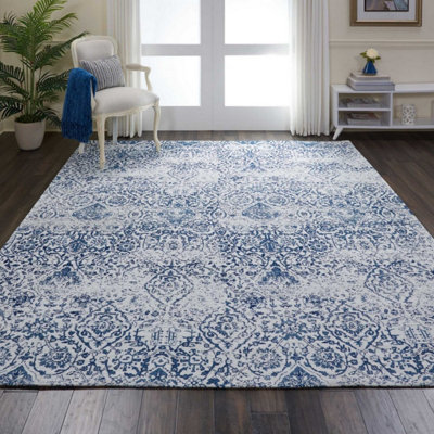 Blue Modern Floral Cotton Easy to Clean Polyester Rug for Living Room, Bedroom - 244cm X 305cm