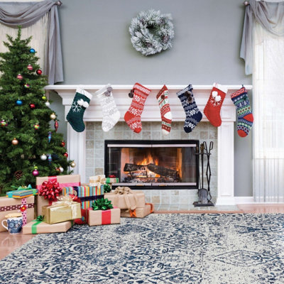 Blue Modern Floral Cotton Easy to Clean Polyester Rug for Living Room, Bedroom - 244cm X 305cm