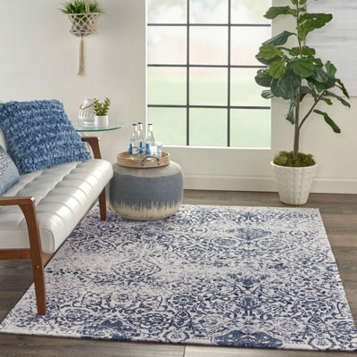 Blue Modern Floral Cotton Easy to Clean Polyester Rug for Living Room, Bedroom - 244cm X 305cm