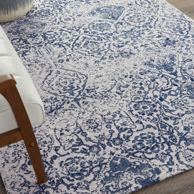 Blue Modern Floral Cotton Easy to Clean Polyester Rug for Living Room, Bedroom - 244cm X 305cm