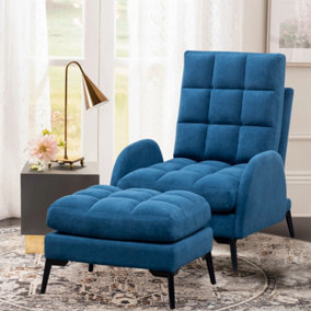 Blue Modern Frosted Velvet Armchair, Upholstered Reclining Chair Lounge Sofa Chair and Footstool Set