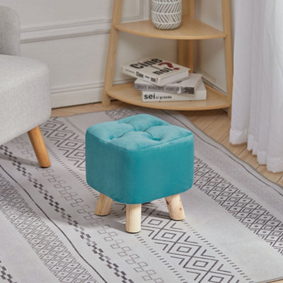 Blue Modern Small Square Velvet Buttoned Footrest with Wooden Legs for Living Room