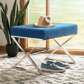 Blue Modern Velvet Upholstered Footstool with Chrome Legs W 480 x D 480 x H 450 mm