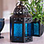 Blue Moroccan Hanging Lantern Tea Light Candle Holder in Vintage Style