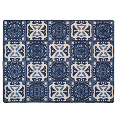 Blue Mosaic Tile Non Slip Washable Kitchen Utility Mat 120x160cm